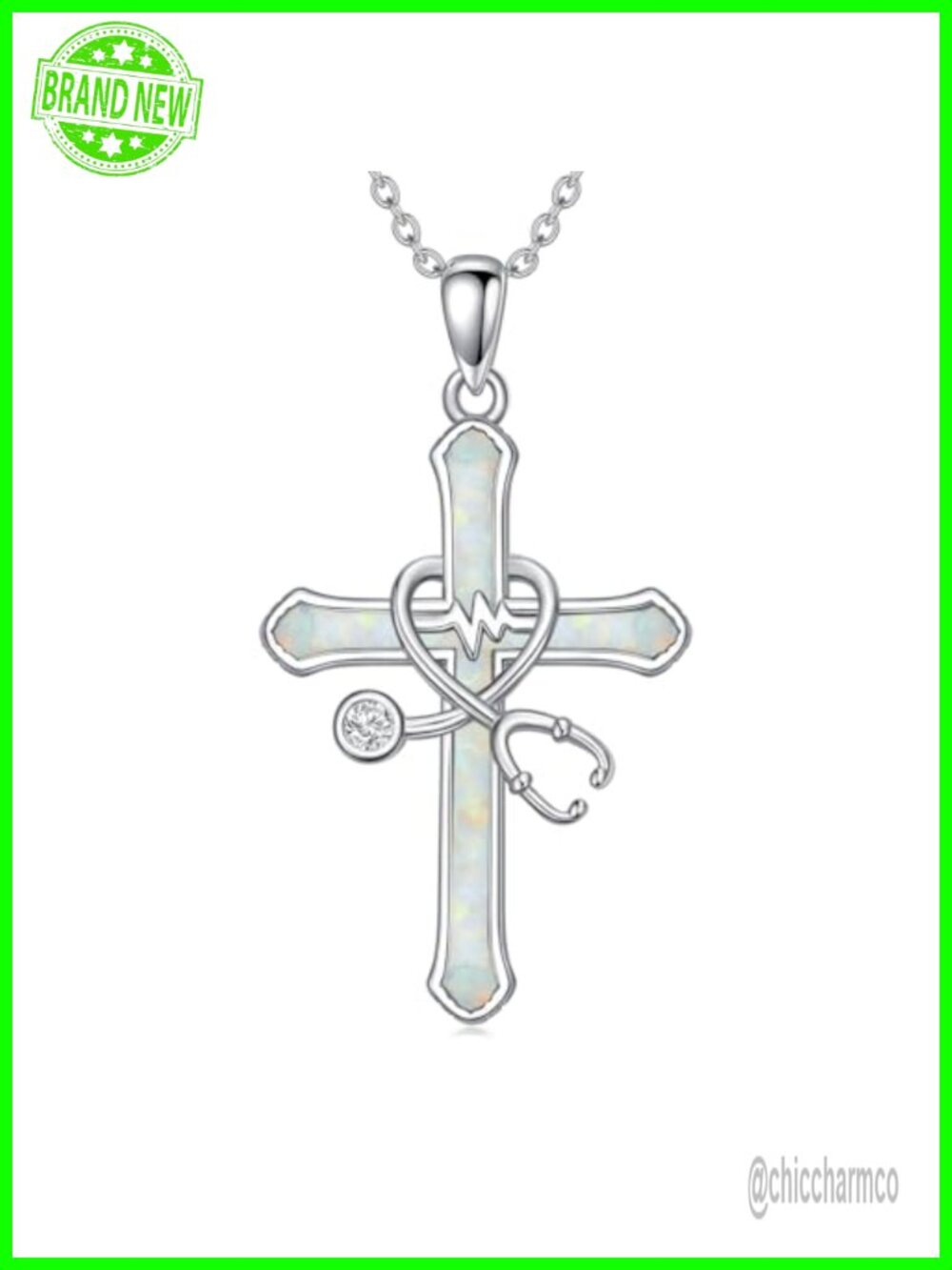 Sterling Silver Opal Stethoscope Cross Pendant Necklace Medical Gift